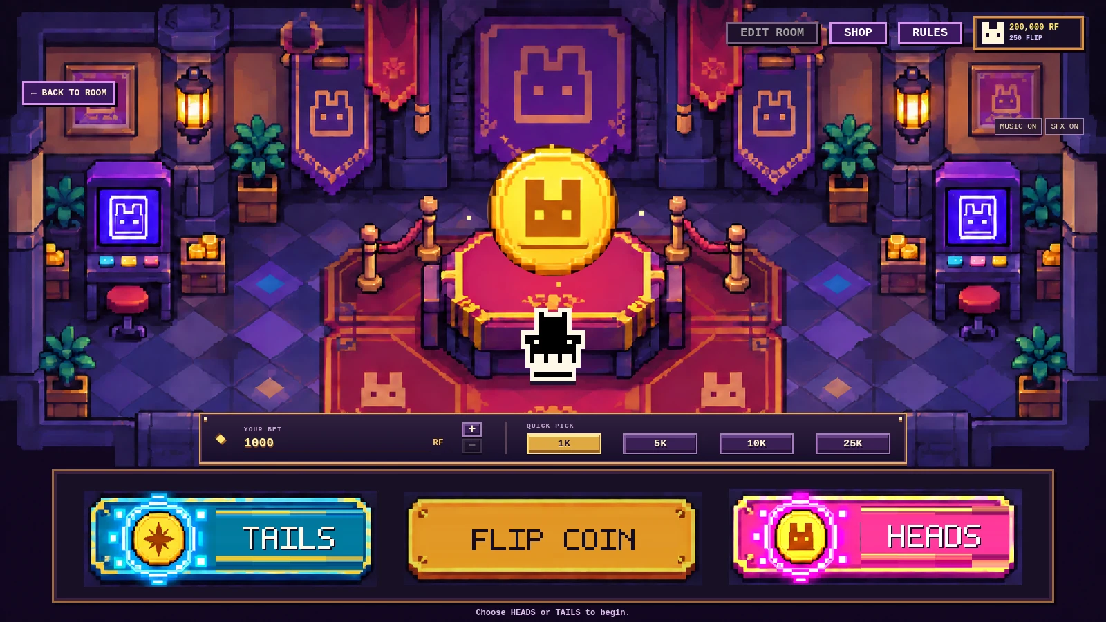 Rare Flip's coin table: a Friend stands below a gold coin, above the bet panel and the TAILS, FLIP COIN and HEADS buttons